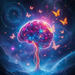 A vibrant and surreal depiction of sentience, represented as a glowing, neural network emerging from a deep brain, intricately intertwined with colorful threads of light