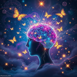 A vibrant and surreal depiction of sentience, represented as a glowing, neural network emerging from a deep brain, intricately intertwined with colorful threads of light