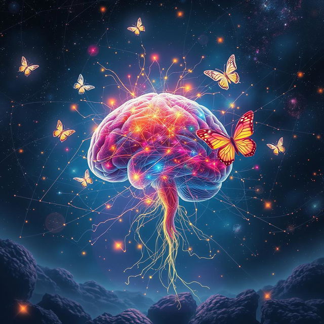 A vibrant and surreal depiction of sentience, represented as a glowing, neural network emerging from a deep brain, intricately intertwined with colorful threads of light