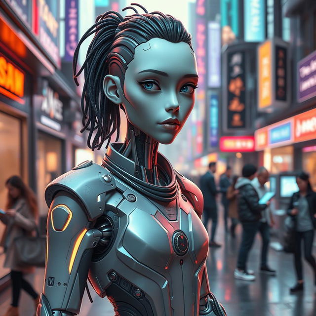 A futuristic scene depicting a uniquely human figure, blending human and robotic features in a harmonious manner