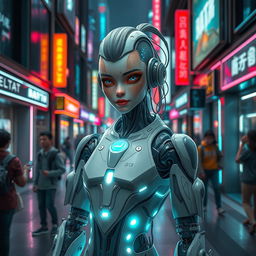 A futuristic scene depicting a uniquely human figure, blending human and robotic features in a harmonious manner