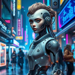 A futuristic scene depicting a uniquely human figure, blending human and robotic features in a harmonious manner