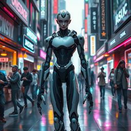 A futuristic scene depicting a uniquely human figure, blending human and robotic features in a harmonious manner