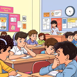 An illustration showing students in a classroom setting taking a listening test