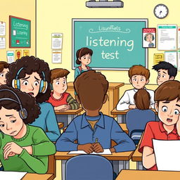 An illustration showing students in a classroom setting taking a listening test
