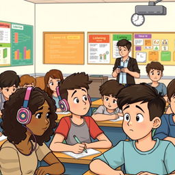 An illustration showing students in a classroom setting taking a listening test