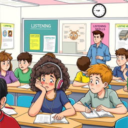 An illustration showing students in a classroom setting taking a listening test