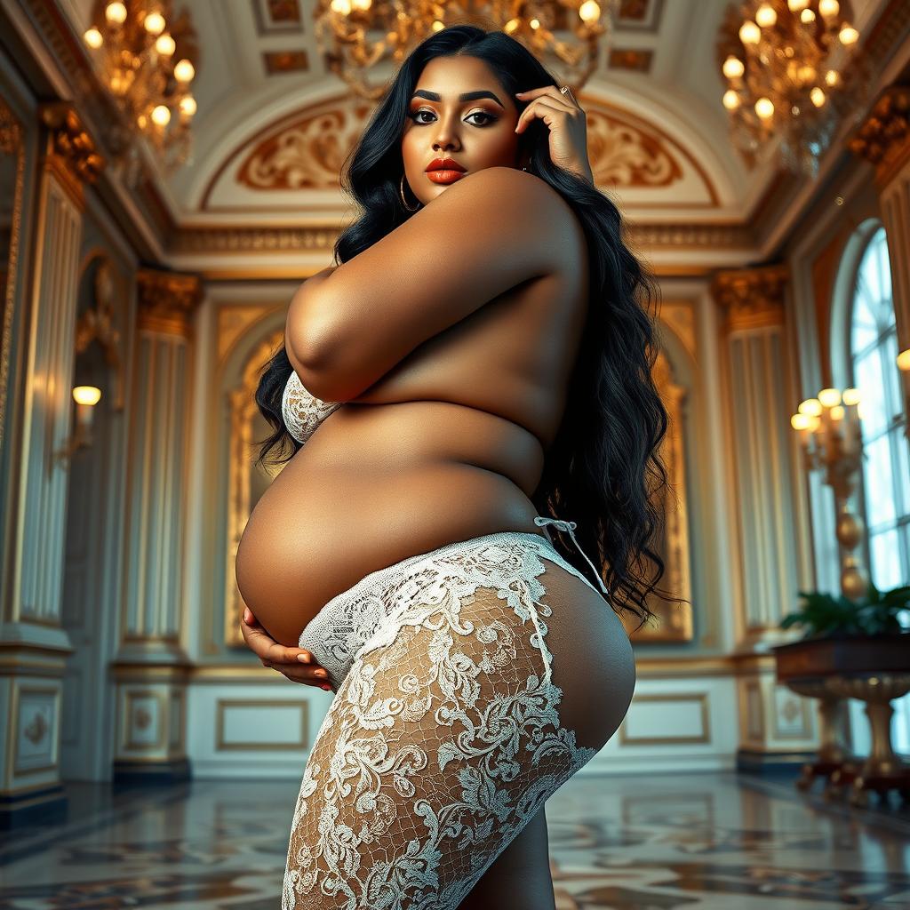 A stunningly beautiful Brazilian-Indian plus-sized woman adorned in a lace pant, featuring a heart-shaped giant booty and proportionate breasts