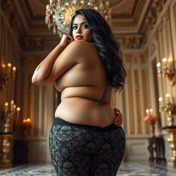 A stunningly beautiful Brazilian-Indian plus-sized woman adorned in a lace pant, featuring a heart-shaped giant booty and proportionate breasts
