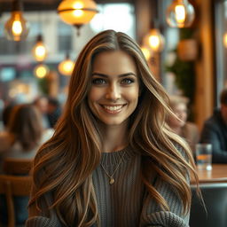 A realistic portrait of a woman with long flowing hair, sitting in a cozy cafe