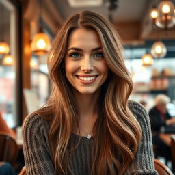 A realistic portrait of a woman with long flowing hair, sitting in a cozy cafe