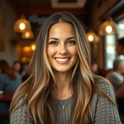 A realistic portrait of a woman with long flowing hair, sitting in a cozy cafe