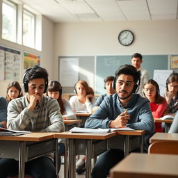 A scene depicting a diverse group of students taking an English listening test in a classroom setting