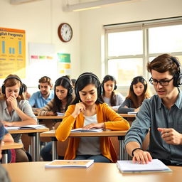A scene depicting a diverse group of students taking an English listening test in a classroom setting