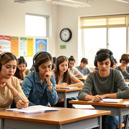 A scene depicting a diverse group of students taking an English listening test in a classroom setting