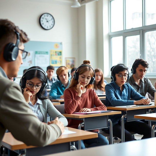 A scene depicting a diverse group of students taking an English listening test in a classroom setting