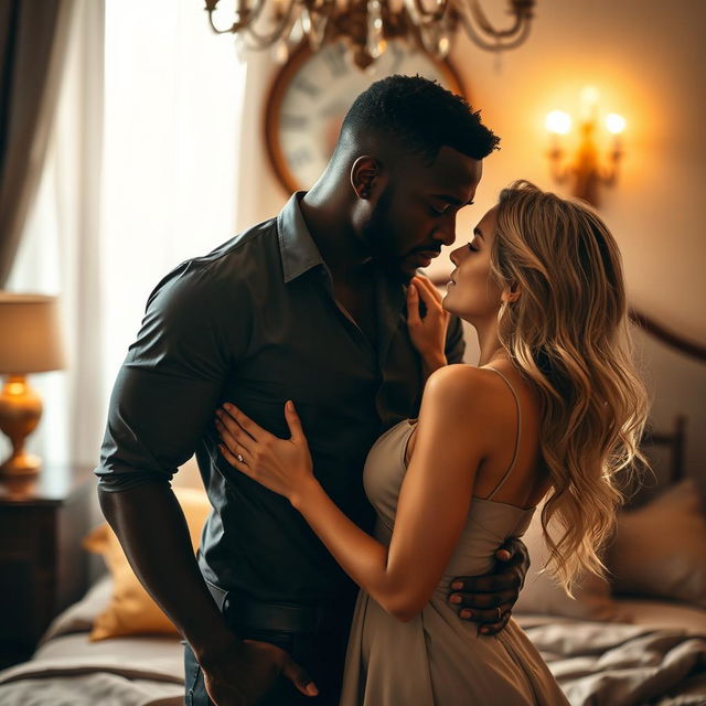 A passionate scene depicting a romantic interaction between a black man and a blonde woman, showcasing intimacy and connection