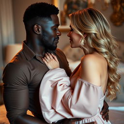 A passionate scene depicting a romantic interaction between a black man and a blonde woman, showcasing intimacy and connection