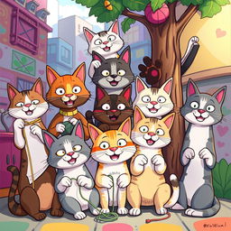 A whimsical and cartoonish interpretation of a diverse group of humans transformed into cat characters