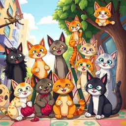 A whimsical and cartoonish interpretation of a diverse group of humans transformed into cat characters