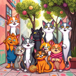 A whimsical and cartoonish interpretation of a diverse group of humans transformed into cat characters