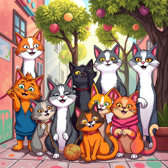 A whimsical and cartoonish interpretation of a diverse group of humans transformed into cat characters