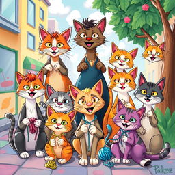 A whimsical and cartoonish interpretation of a diverse group of humans transformed into cat characters