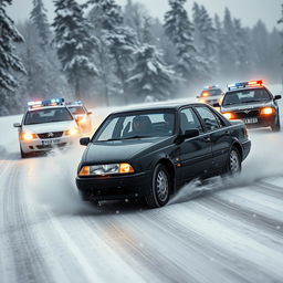 A dramatic scene featuring a sleek black Citroën Xantia being pursued by police cars through a snowy landscape