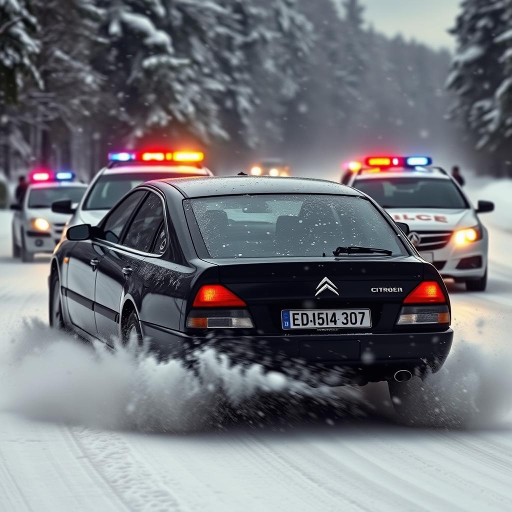 A dramatic scene featuring a sleek black Citroën Xantia being pursued by police cars through a snowy landscape