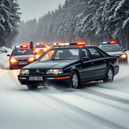 A dramatic scene featuring a sleek black Citroën Xantia being pursued by police cars through a snowy landscape