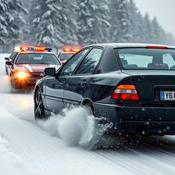 A dramatic scene featuring a sleek black Citroën Xantia being pursued by police cars through a snowy landscape
