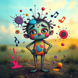A whimsical interpretation of a uniquely human figure representing creativity and individuality, with vibrant colors and features that showcase distinct personality traits