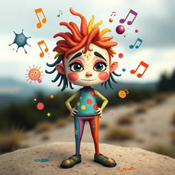 A whimsical interpretation of a uniquely human figure representing creativity and individuality, with vibrant colors and features that showcase distinct personality traits