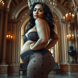 A stunningly beautiful Brazilian-Indian plus-sized woman adorned in a lace pant, featuring a heart-shaped giant booty and proportionate breasts