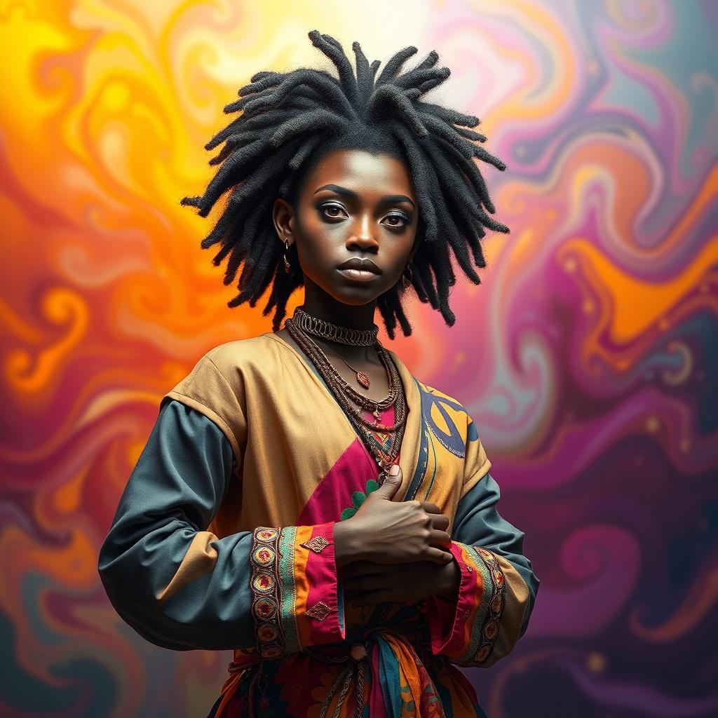 A beautifully rendered image of a strikingly unique human figure, set against a vibrant and colorful abstract backdrop