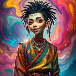 A beautifully rendered image of a strikingly unique human figure, set against a vibrant and colorful abstract backdrop