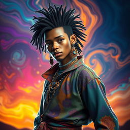 A beautifully rendered image of a strikingly unique human figure, set against a vibrant and colorful abstract backdrop