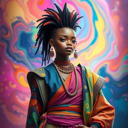 A beautifully rendered image of a strikingly unique human figure, set against a vibrant and colorful abstract backdrop