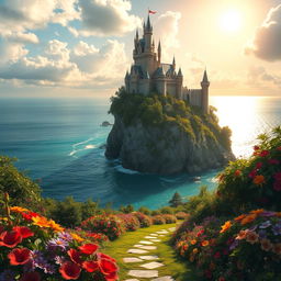 A captivating fantasy landscape featuring a majestic castle perched atop a cliff, overlooking a shimmering, turquoise sea