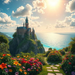 A captivating fantasy landscape featuring a majestic castle perched atop a cliff, overlooking a shimmering, turquoise sea