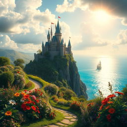 A captivating fantasy landscape featuring a majestic castle perched atop a cliff, overlooking a shimmering, turquoise sea
