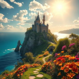 A captivating fantasy landscape featuring a majestic castle perched atop a cliff, overlooking a shimmering, turquoise sea