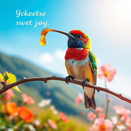 A beautiful and colorful bird perched on a branch, holding a drop of honey in its beak, symbolizing the sweetness of nature