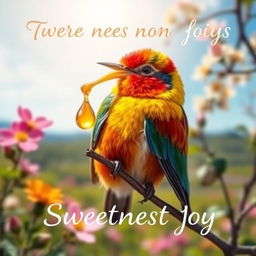 A beautiful and colorful bird perched on a branch, holding a drop of honey in its beak, symbolizing the sweetness of nature