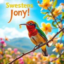 A beautiful and colorful bird perched on a branch, holding a drop of honey in its beak, symbolizing the sweetness of nature
