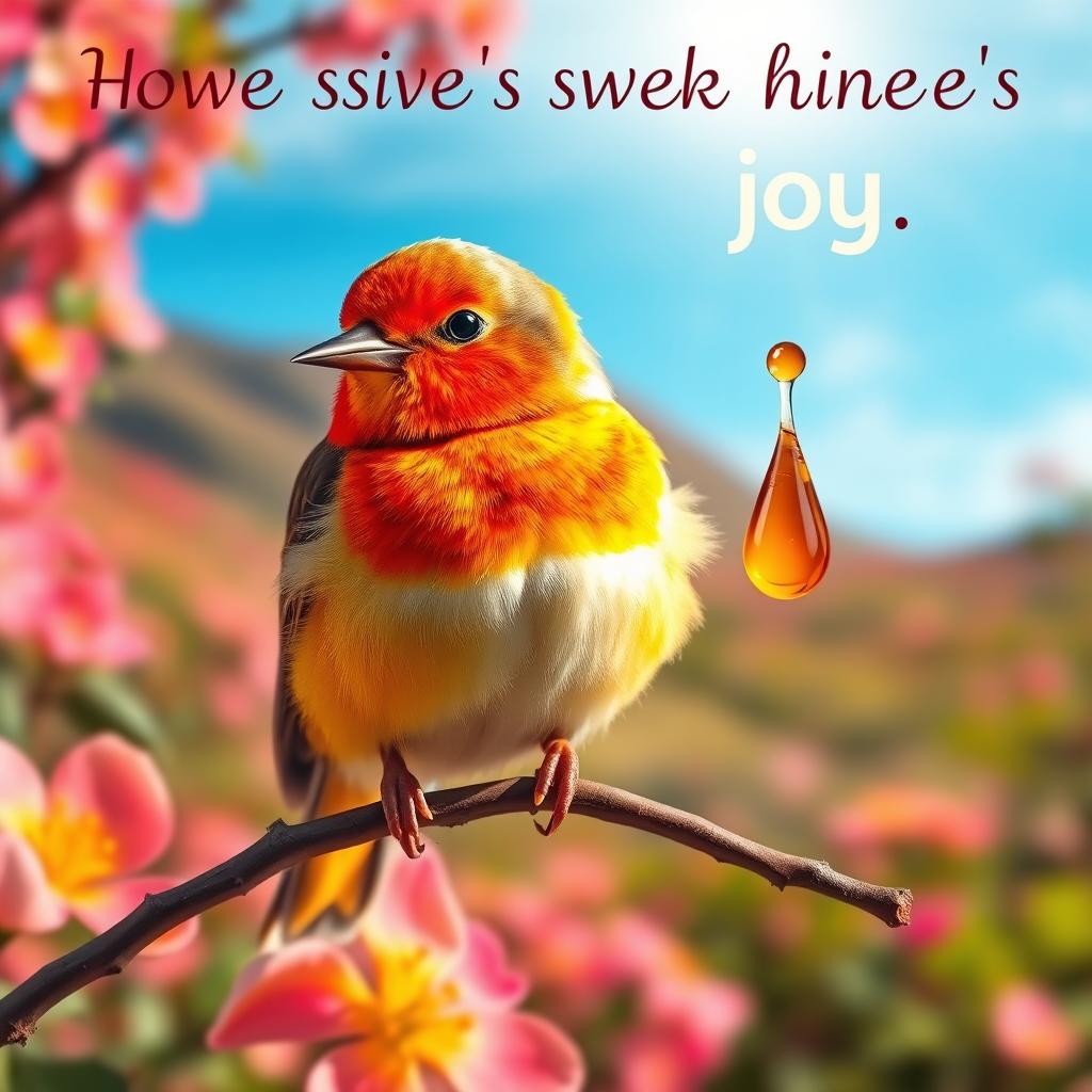 A beautiful and colorful bird perched on a branch, holding a drop of honey in its beak, symbolizing the sweetness of nature