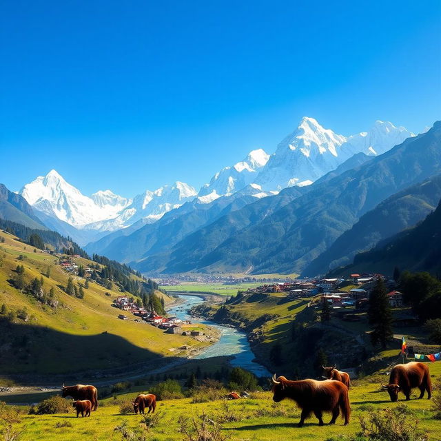 A stunning view of the breathtaking Himalayan mountains in Nepal, with snow-capped peaks piercing the clear blue sky