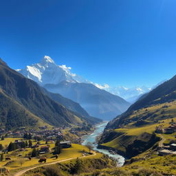 A stunning view of the breathtaking Himalayan mountains in Nepal, with snow-capped peaks piercing the clear blue sky
