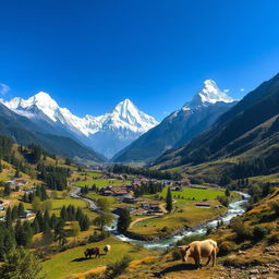 A stunning view of the breathtaking Himalayan mountains in Nepal, with snow-capped peaks piercing the clear blue sky