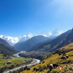 A stunning view of the breathtaking Himalayan mountains in Nepal, with snow-capped peaks piercing the clear blue sky